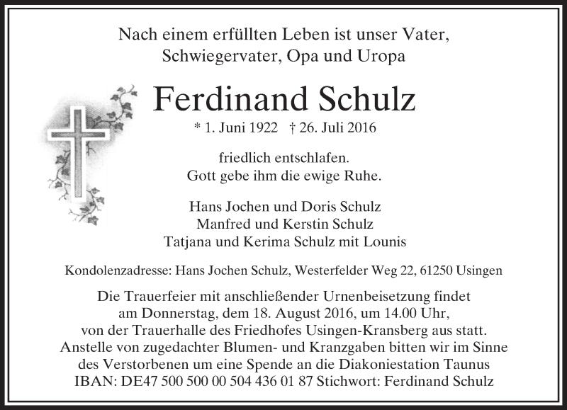  Traueranzeige für Ferdinand Schulz vom 29.07.2016 aus  Usinger Anzeiger