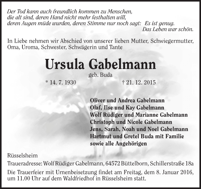  Traueranzeige für Ursula Gabelmann vom 02.01.2016 aus  Mainspitze