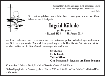 Traueranzeige von Ingrid Kühnle von  Wormser Zeitung