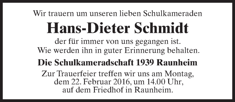  Traueranzeige für Hans-Dieter Schmidt vom 18.02.2016 aus trauer.rmp.de