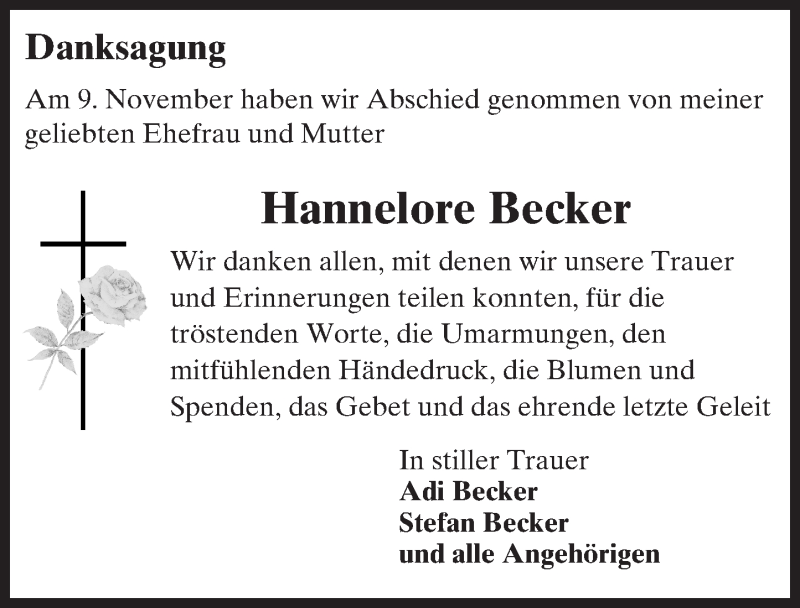  Traueranzeige für Hannelore Becker vom 21.11.2015 aus  Allgemeine Zeitung Mainz