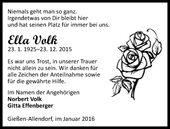 Traueranzeige von Ella Volk von  Gießener Anzeiger