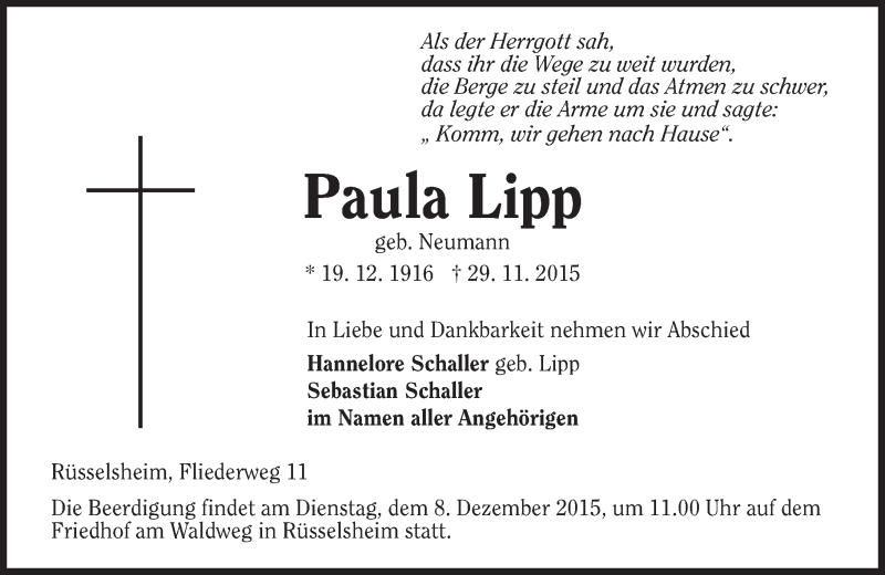  Traueranzeige für Paula Lipp vom 02.12.2015 aus  Mainspitze