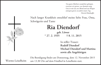 Traueranzeige von Ria Diendorf von  Wormser Zeitung