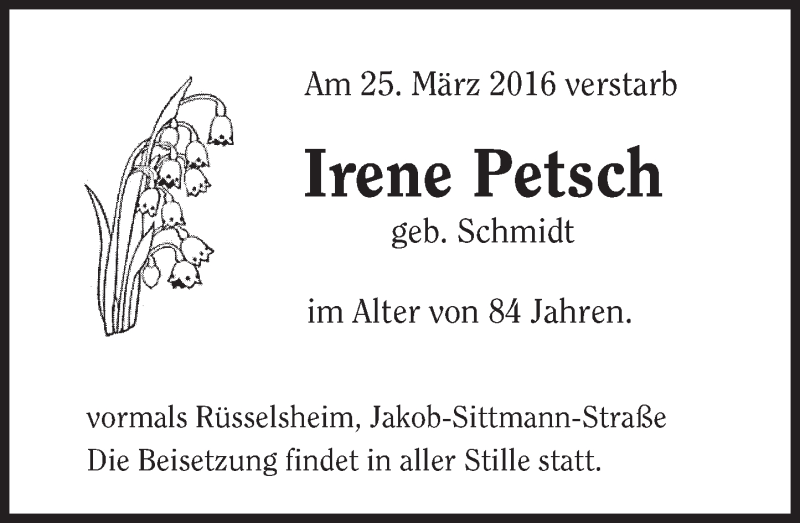  Traueranzeige für Irene Petsch vom 02.04.2016 aus  Mainspitze