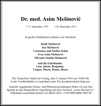 Traueranzeige von Asim Mešinovic von VRM Trauer