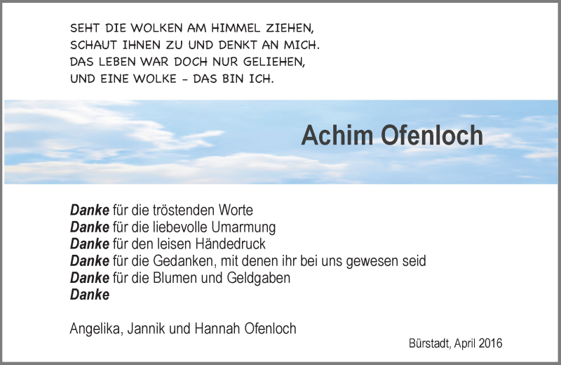  Traueranzeige für Achim Ofenloch vom 07.04.2016 aus  Bürstädter Zeitung