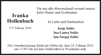 Traueranzeige von Ivanka Hollenbach von  Wiesbaden komplett