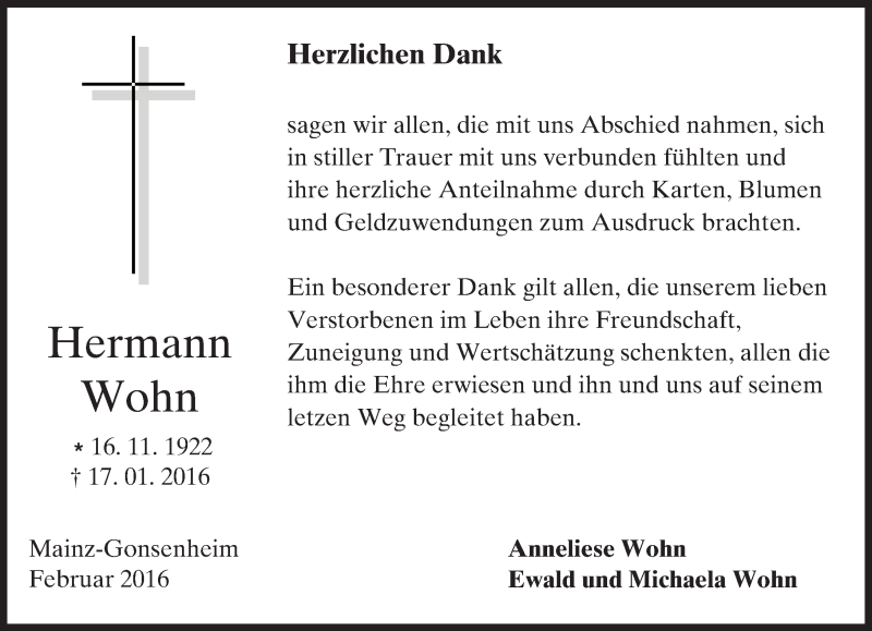  Traueranzeige für Hermann Wohn vom 06.02.2016 aus  Allgemeine Zeitung Mainz
