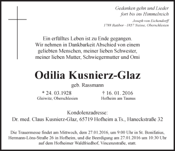 Traueranzeige von Odilia Kusnierz-Glaz von  Hofheimer Zeitung