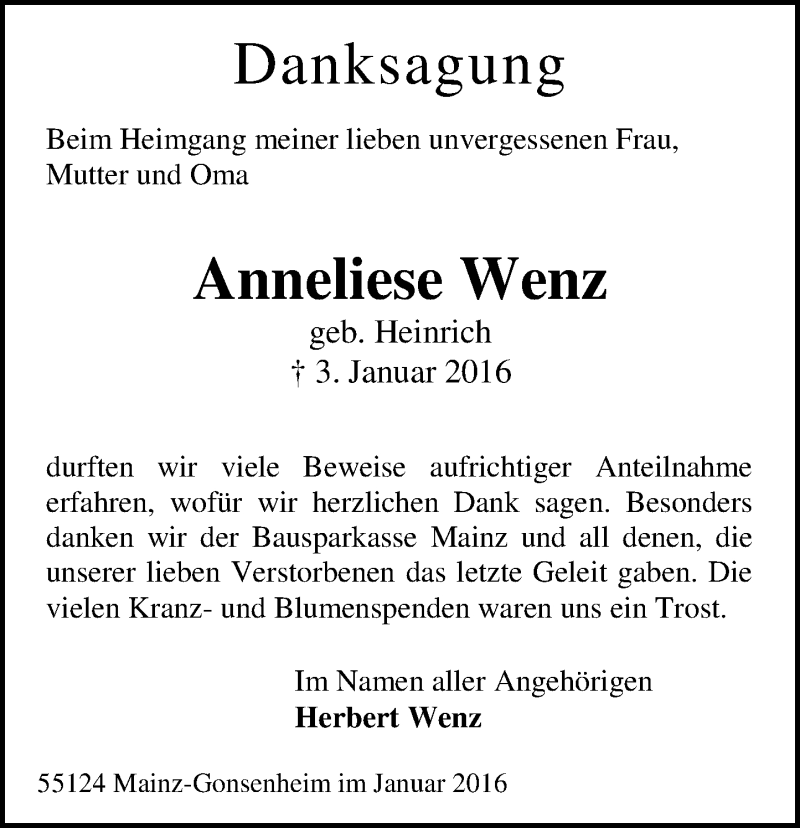  Traueranzeige für Anneliese Wenz vom 23.01.2016 aus  Allgemeine Zeitung Mainz