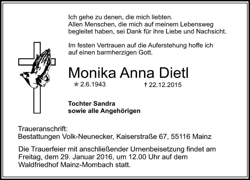  Traueranzeige für Monika Anna Dietl vom 23.01.2016 aus  Allgemeine Zeitung Mainz