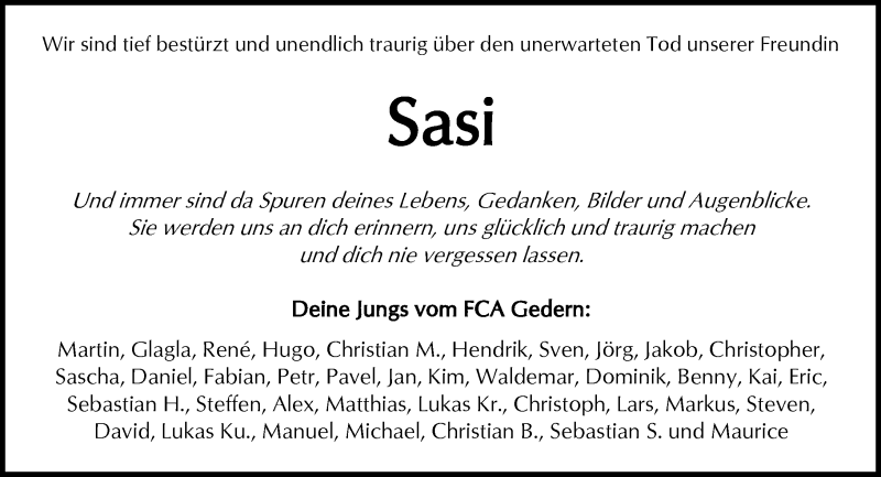  Traueranzeige für Saskia Schnarr vom 30.01.2016 aus  Kreisanzeiger