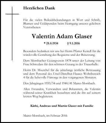 Traueranzeige von Valentin Adam Glaser von  Allgemeine Zeitung Mainz