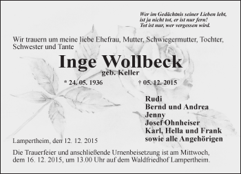 Traueranzeige von Inge Wollbeck von  Bürstädter Zeitung