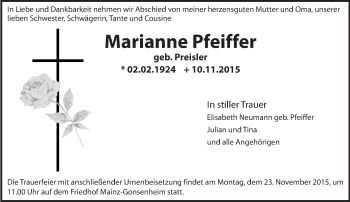 Traueranzeige von Marianne Pfeiffer von  Allgemeine Zeitung Mainz