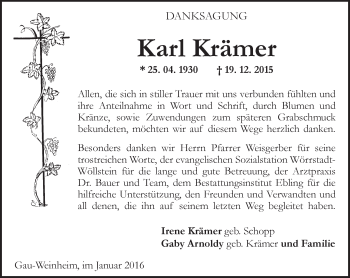Traueranzeige von Karl Krämer von  Allgemeine Zeitung Alzey