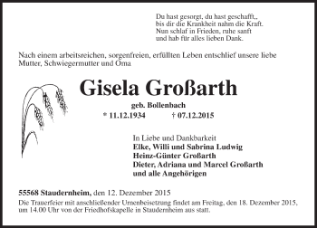 Traueranzeige von Gisela Großarth von  Allg. Zeitung Bad Kreuznach