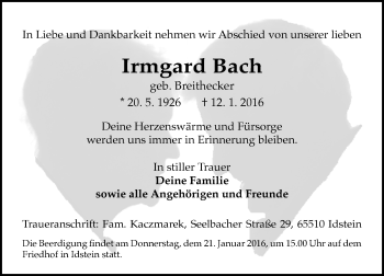 Traueranzeige von Irmgard Bach von  Idsteiner Zeitung