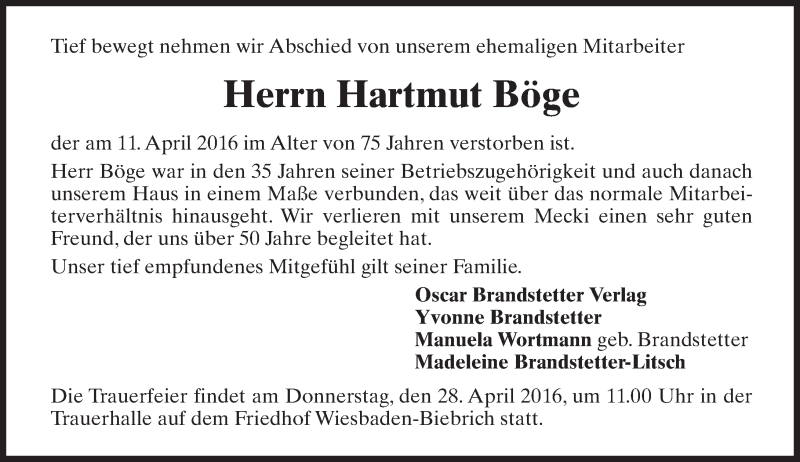  Traueranzeige für Hartmut Böge vom 23.04.2016 aus trauer.rmp.de