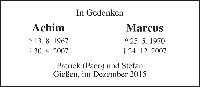  Traueranzeige für Marcus  vom 24.12.2015 aus  Gießener Anzeiger