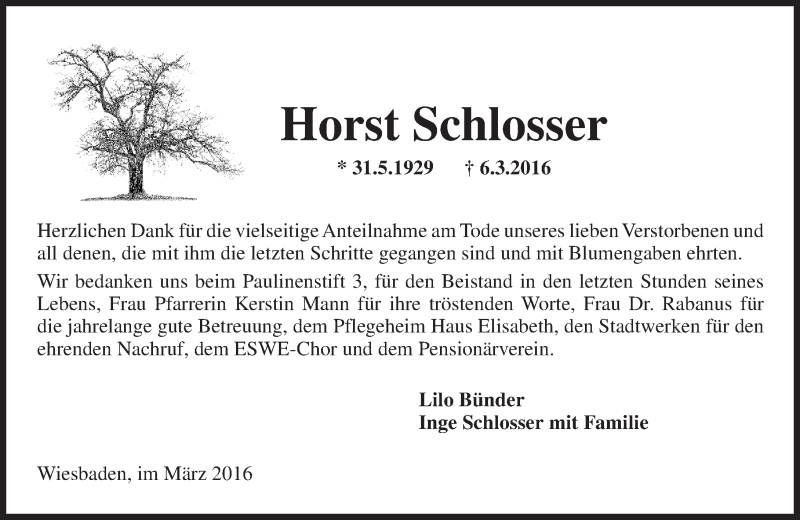  Traueranzeige für Horst Schlosser vom 02.04.2016 aus  Wiesbaden komplett