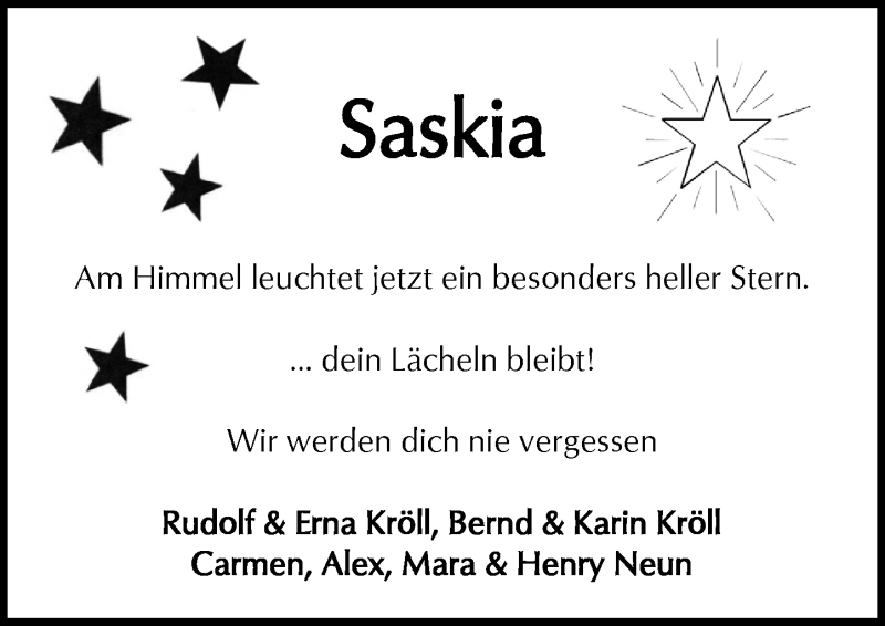  Traueranzeige für Saskia Schnarr vom 30.01.2016 aus  Kreisanzeiger