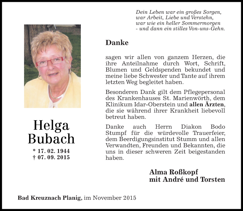  Traueranzeige für Helga Bubach vom 14.11.2015 aus  Allg. Zeitung Bad Kreuznach