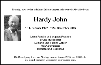 Traueranzeige von Hardy John von  Wiesbaden komplett