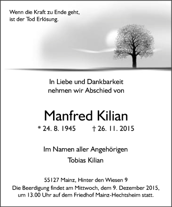 Traueranzeige von Manfred Kilian von  Allgemeine Zeitung Mainz
