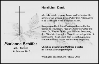 Traueranzeige von Marianne Schäfer von  Wiesbaden komplett