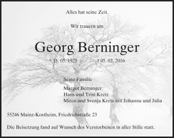 Traueranzeige von Georg Berninger von  Allgemeine Zeitung Mainz