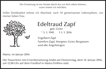 Traueranzeige von Edeltraud Zapf von  Allgemeine Zeitung Mainz