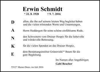 Traueranzeige von Erwin Schmidt von Trauerportal Rhein Main Presse