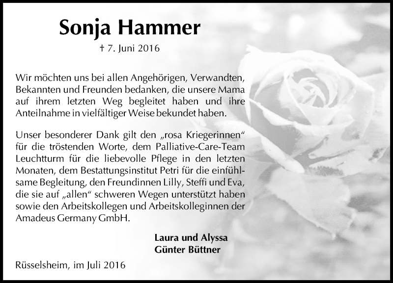  Traueranzeige für Sonja Hammer vom 02.07.2016 aus Trauerportal Rhein Main Presse