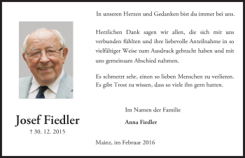 Traueranzeige von Josef Fiedler von  Allgemeine Zeitung Mainz