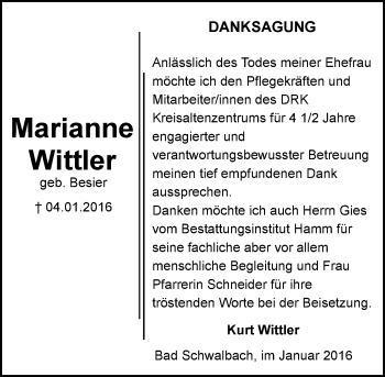 Traueranzeige von Marianne Wittler von  WK-UTA/Aar-Bote