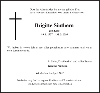 Traueranzeige von Brigitte Sinthern von  Wiesbaden komplett