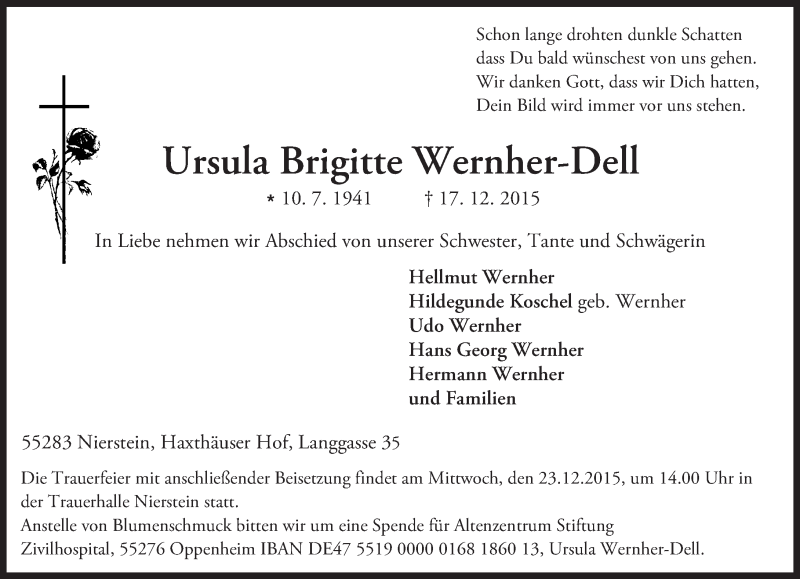  Traueranzeige für Ursula Brigitte Wernher-Dell vom 19.12.2015 aus  Landskrone