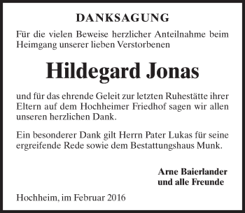 Traueranzeige von Hildegard Jonas von  Allgemeine Zeitung Mainz