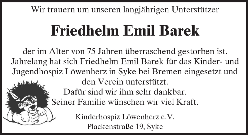  Traueranzeige für Friedhelm Emil Barek vom 20.01.2016 aus trauer.rmp.de