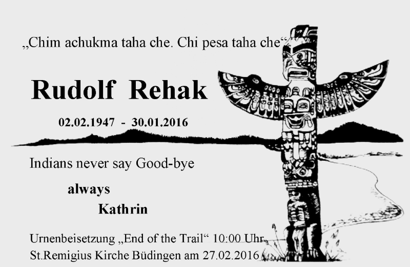  Traueranzeige für Rudolf Rehak vom 13.02.2016 aus  Sonntags Anzeiger