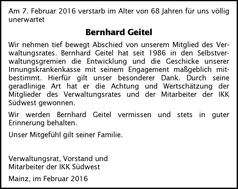  Traueranzeige für Bernhard Geitel vom 11.02.2016 aus trauer.rmp.de