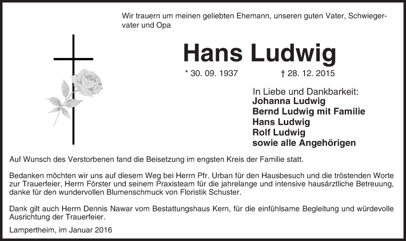 Traueranzeige für Hans Ludwig vom 30.01.2016 aus  Bürstädter Zeitung