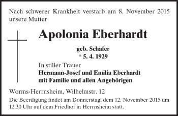 Traueranzeige von Apolonia Eberhardt von  Wormser Zeitung