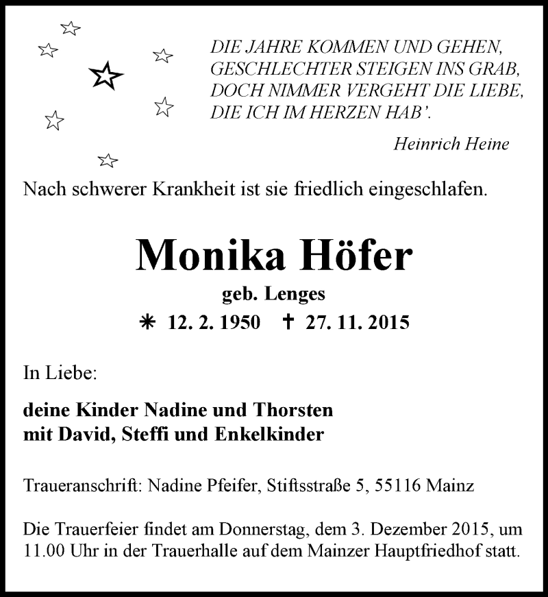  Traueranzeige für Monika Höfer vom 30.11.2015 aus  Allgemeine Zeitung Mainz