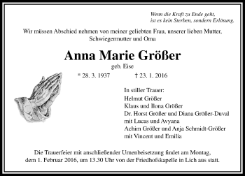 Traueranzeige von Anna Marie Größer von  Gießener Anzeiger
