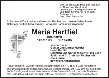Traueranzeige von Maria Hartfiel von  Allgemeine  Zeitung Ingelheim-Bingen
