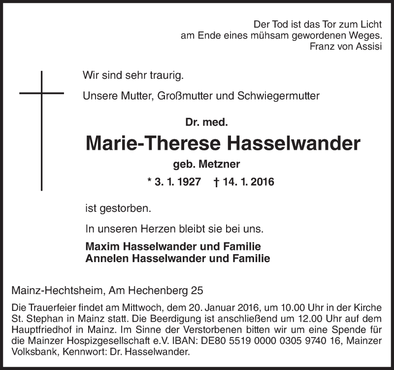  Traueranzeige für Marie-Therese Hasselwander vom 16.01.2016 aus  Allgemeine Zeitung Mainz