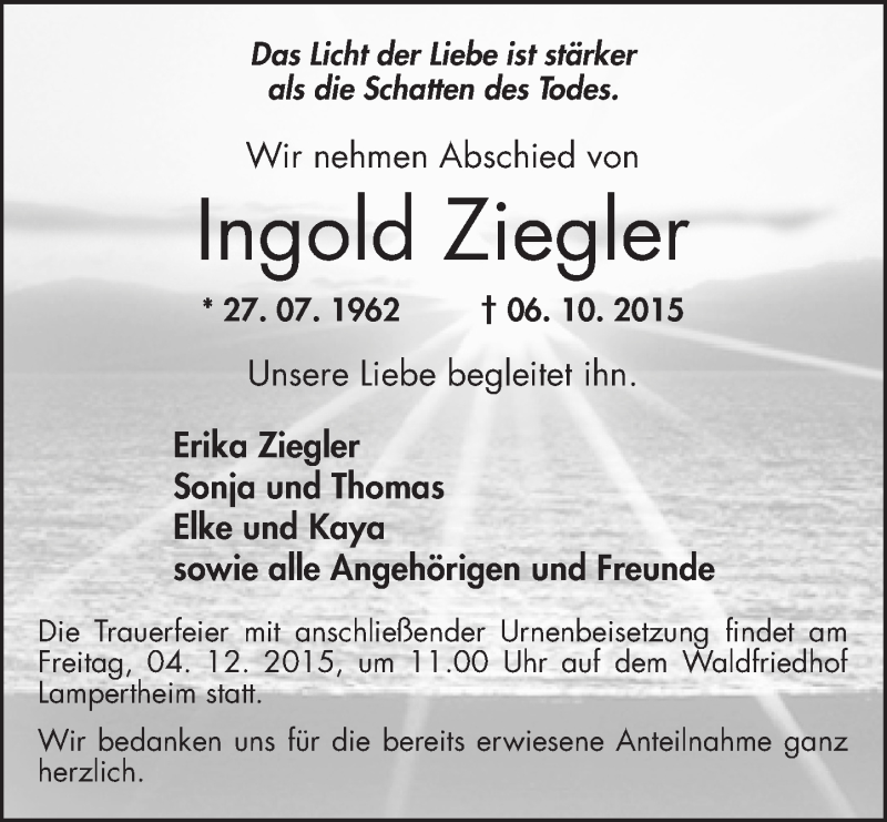 Traueranzeige für Ingold Ziegler vom 01.12.2015 aus  Bürstädter Zeitung